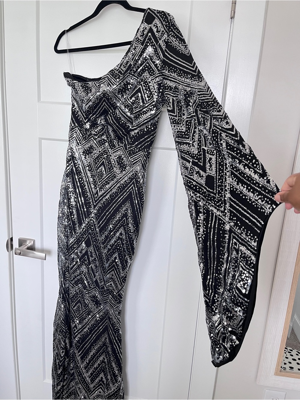 Black & Silver One-Shoulder Sequin Formal Evening Gown